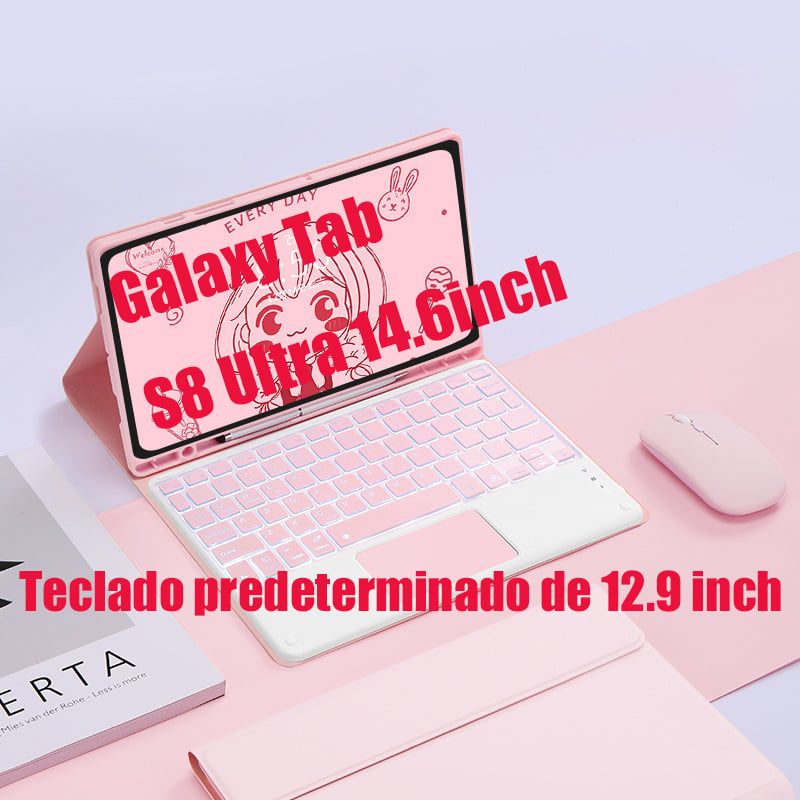 SHARGE - Teclado y Ratón BT Galaxy Tab S8 Ultra 14.6in Backlight Tocar Ñ-Rosa