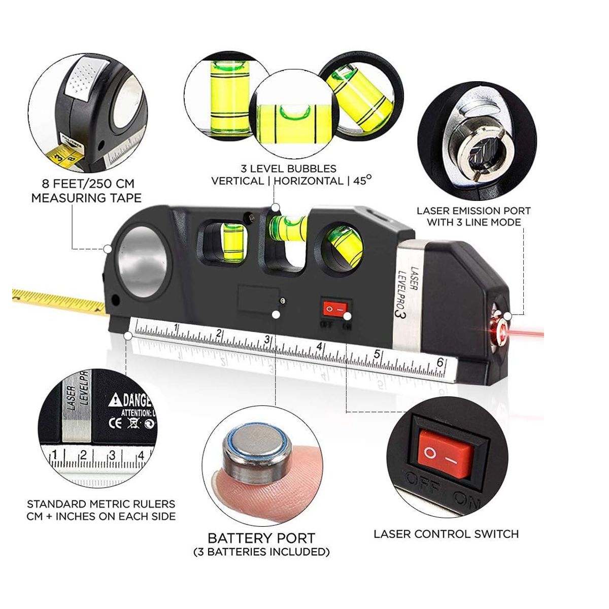 GENERICO - Cinta Métrica Regla Nivel Láser Horizontal Level Pro 3 Modos