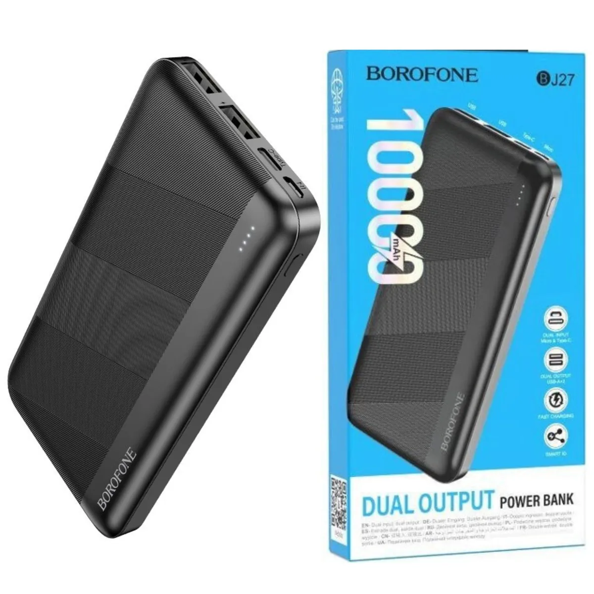 HOCO - Power Bank Portatil 10000 mAh Negro Borofone 2 USB  Tipo C  Micro USB