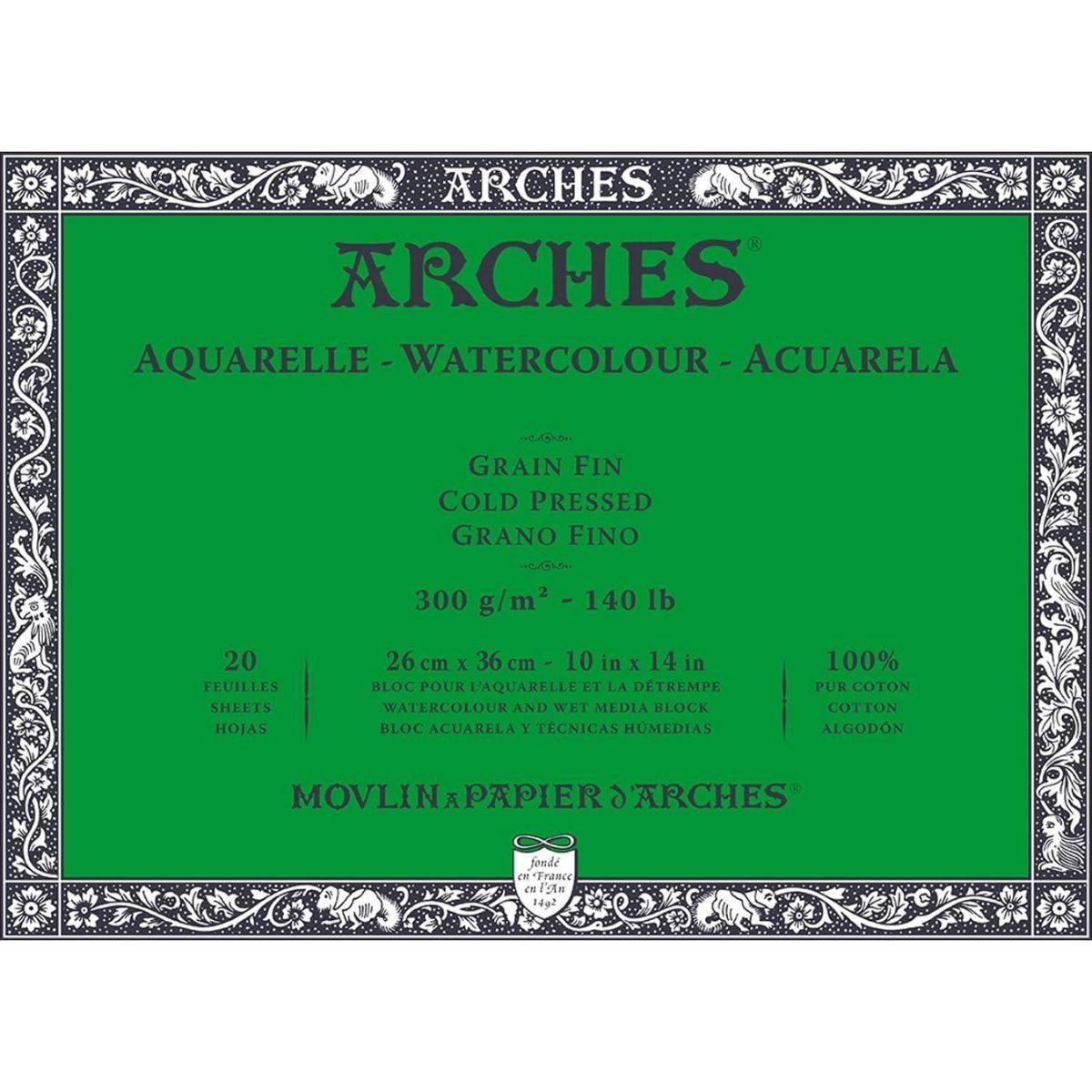 ARCHES - Block Papel Acuarela Arches 300gr Grano Fino 26x36cm 20H