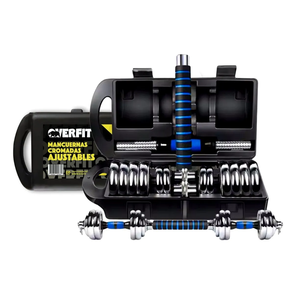 OVERFIT - Mancuernas Cromadas 20kg Ajustables + Barra Unibles Overfit