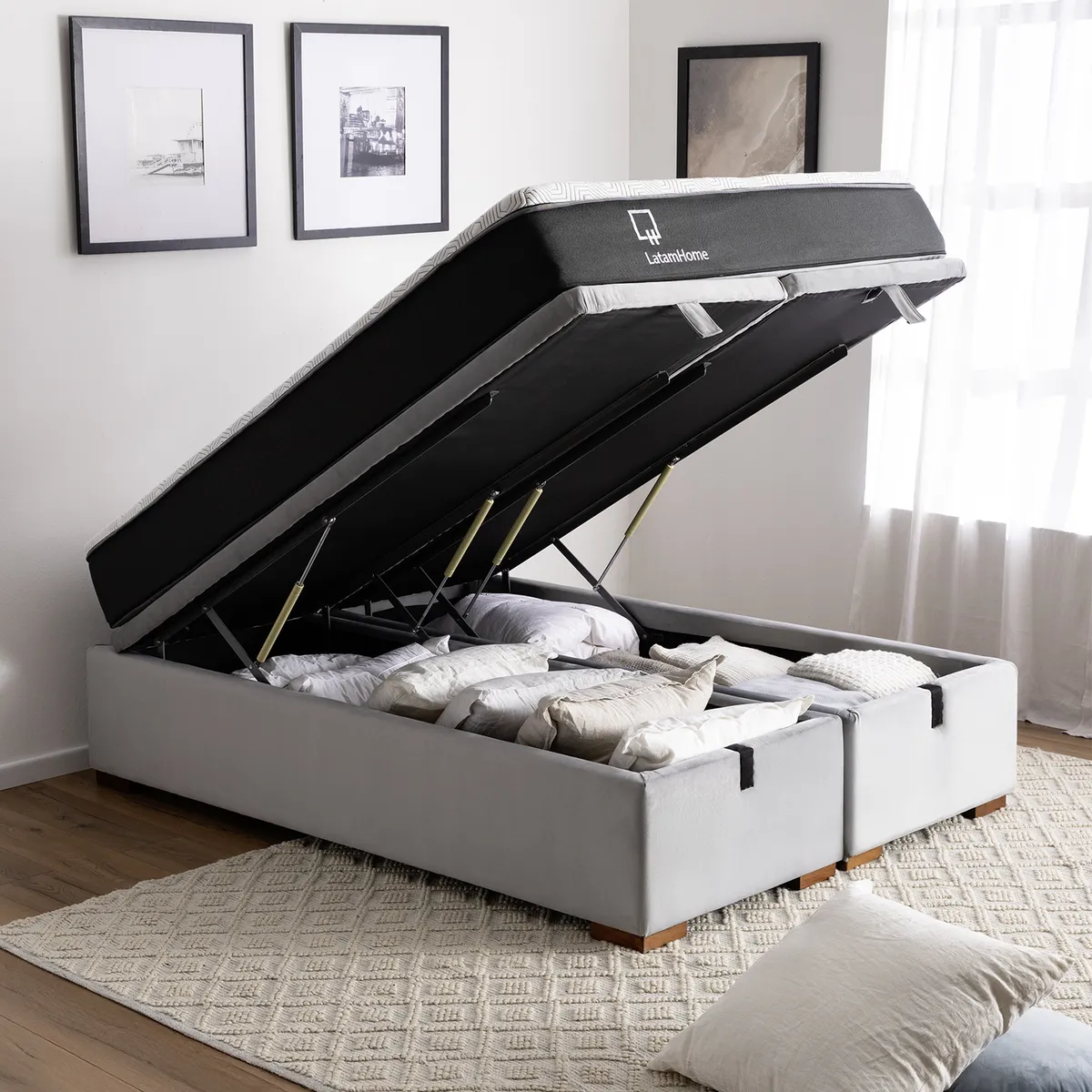 LATAM HOME - Cama Boxet 2 Plazas Base Dividida Colchon Resortes Zen Pro Con Funda Lavable Tela Gris