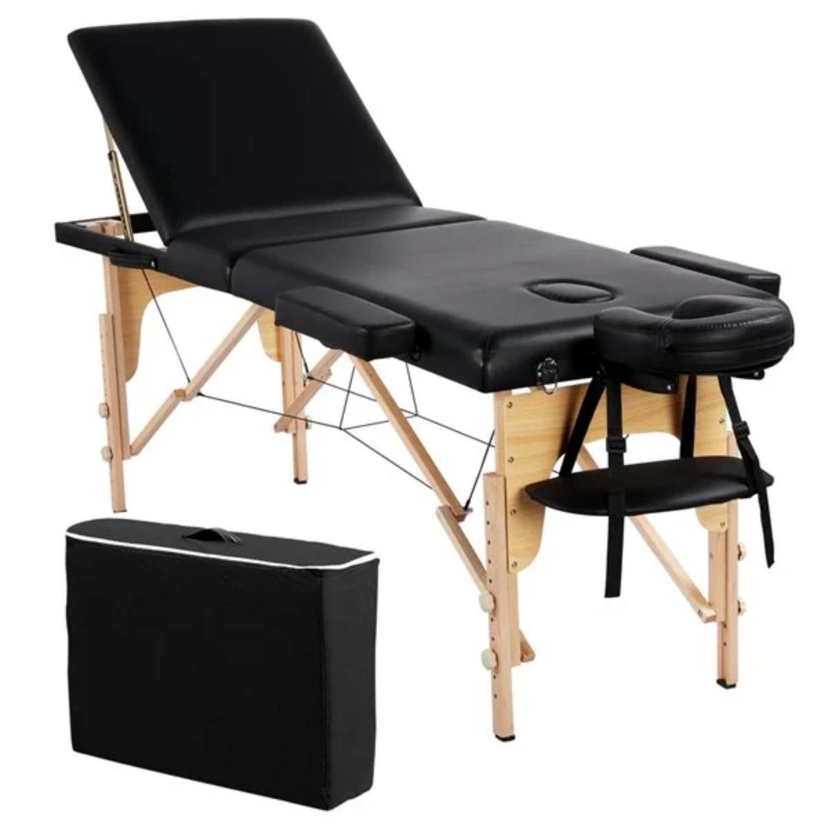 GLOMED - Camilla Masajes Plegable 3 Cuerpos Madera Negra Delux GLOMED