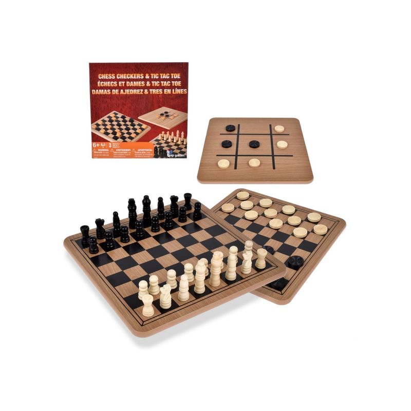 ANSALDO GAMES - Juego De Mesa De Madera 3 En 1 Ajedrez Damas Y Gato