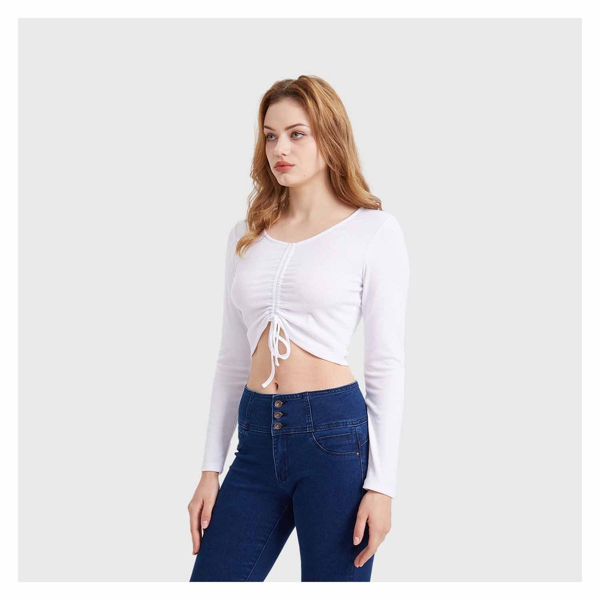 FASHION'S PARK - Polera Mujer Canalé Recogido Blanco Fashion's Park