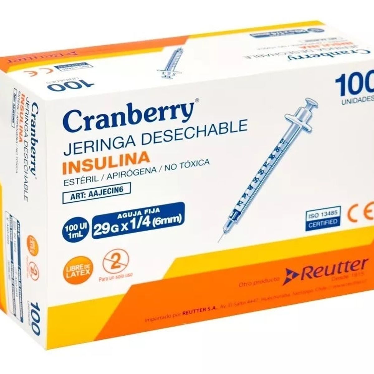 CRANBERRY - Jeringa Insulina 29g X 1/4 Cranberry 100 Unidades Desechable