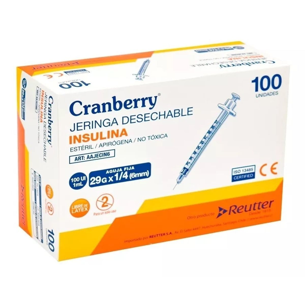 CRANBERRY - Jeringa Insulina 29g X 1/4 Cranberry 100 Unidades Desechable