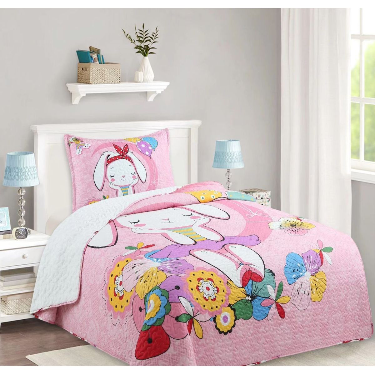 COMPRAPO - Cubrecama Quilt Infantil Sherpa 1.5 Pza. Mod. Conejita Spring + Funda