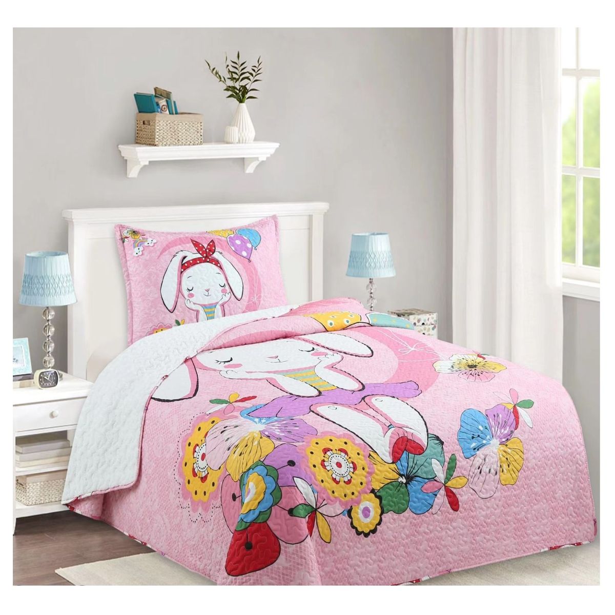 COMPRAPO - Cubrecama Quilt Infantil Sherpa 1.5 Pza. Mod. Conejita Spring + Funda