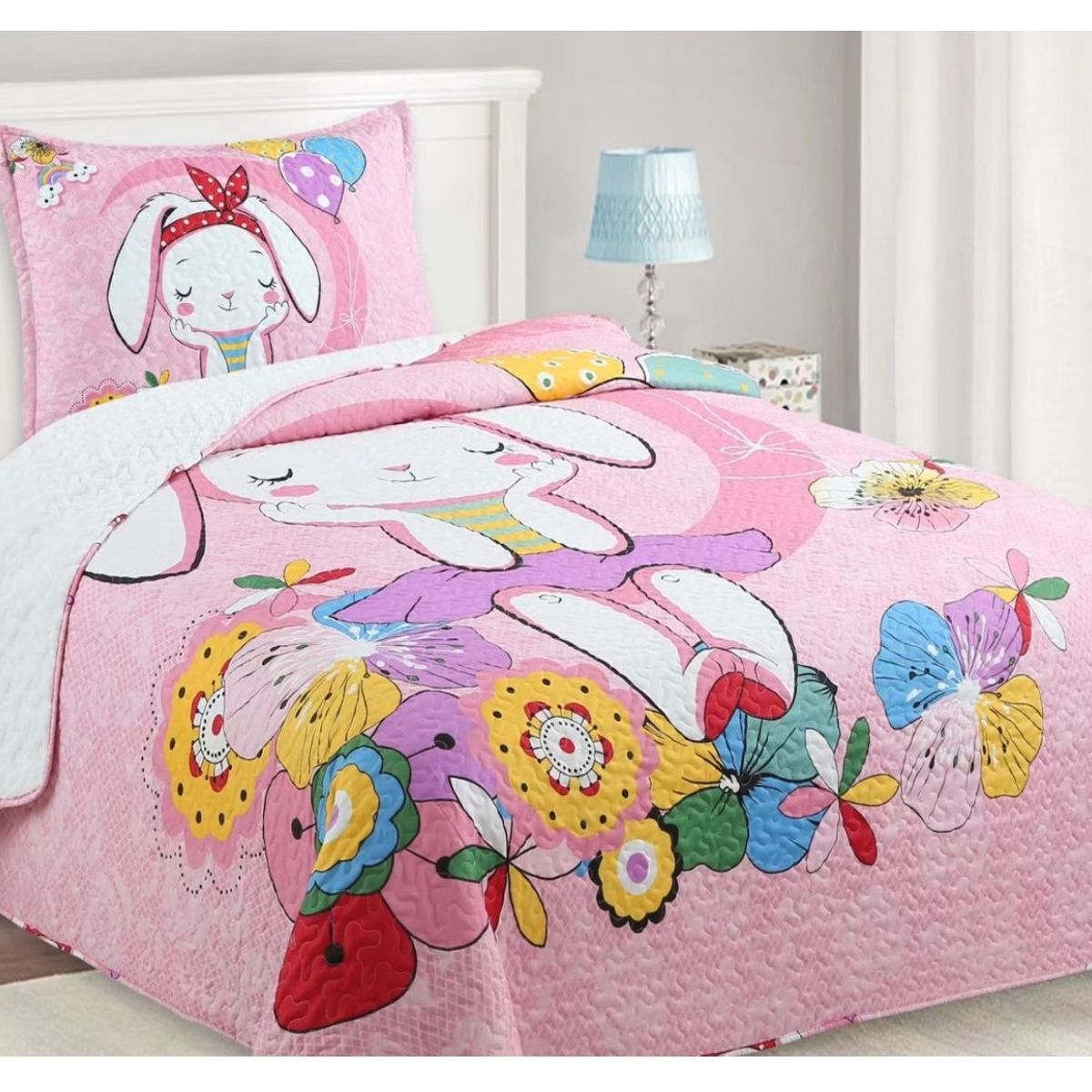 COMPRAPO - Cubrecama Quilt Infantil Sherpa 1.5 Pza. Mod. Conejita Spring + Funda