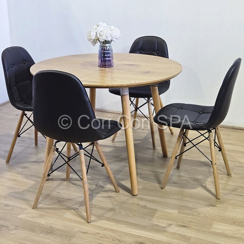 CORI CORI - Juego de Comedor Expandible 100-180CM + 4 Sillas Eames Capitonne Negro