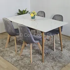 GENERICO - Comedor Mesa Mármol (140x80cms) + 4 Sillas Capitonne Velvet Gris