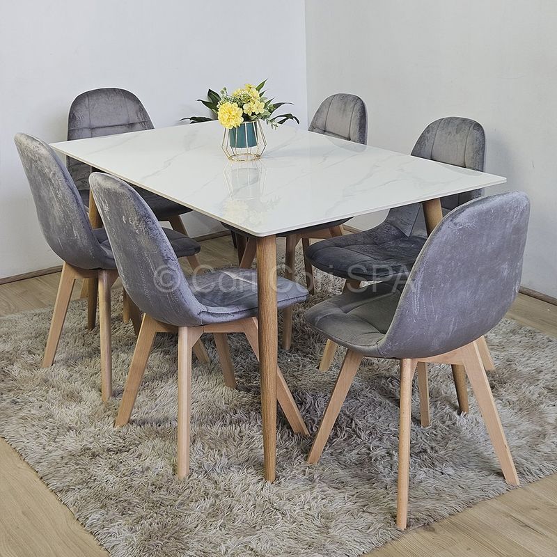 CORI CORI - Comedor Mesa Mármol 140x80cms + 6 Sillas Capitonne Velvet Gris