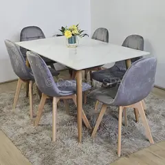 CORI CORI - Comedor Mesa Mármol 140x80cms + 6 Sillas Capitonne Velvet Gris