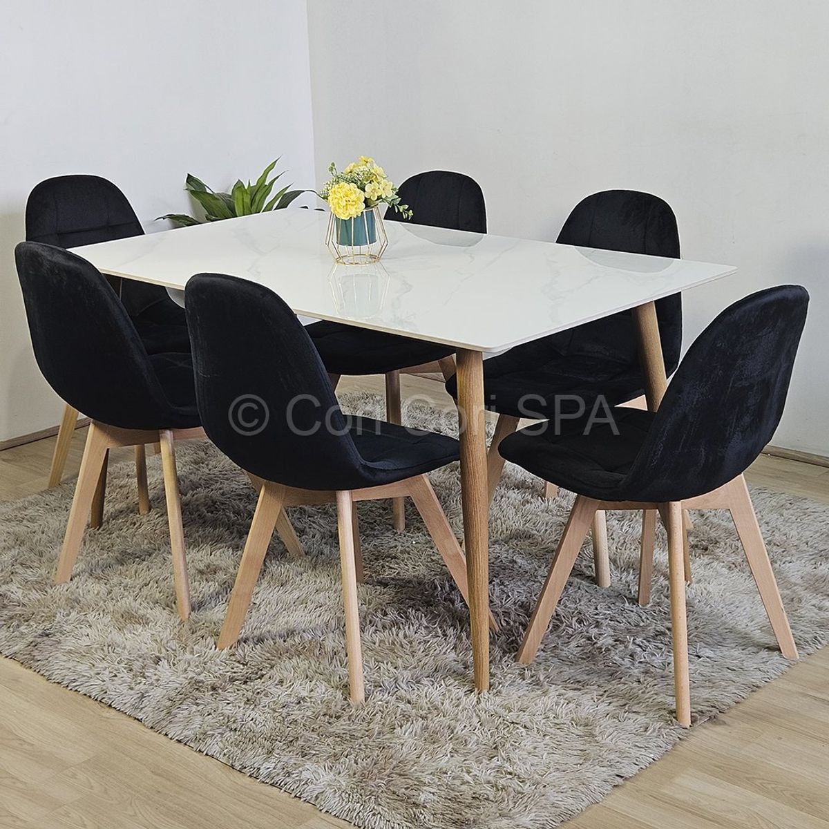 CORI CORI - Comedor Mesa Mármol (140x80cms) + 6 Sillas Capitonne Velvet Negro…