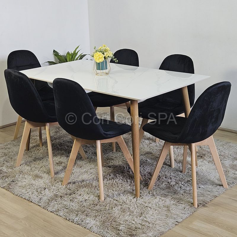 CORI CORI - Comedor Mesa Mármol (140x80cms) + 6 Sillas Capitonne Velvet Negro