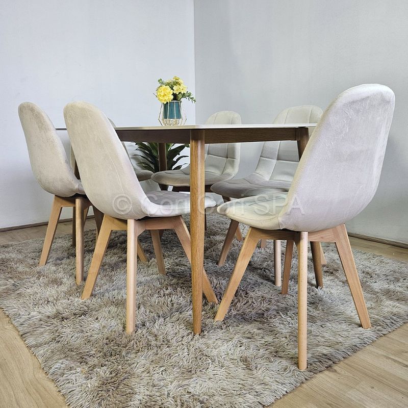 GENERICO - Comedor Mesa Mármol (140x80cms) + 6 Sillas Capitonne Velvet Beige
