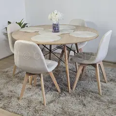 CORI CORI - Juego de Comedor Wood Redonda 100 cm + 4 Sillas Capitonne Velvet Beige