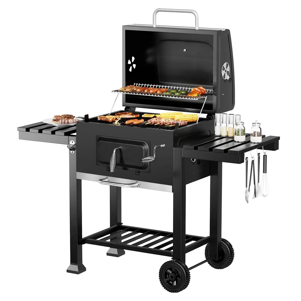 ELEMENT DESIGN - Parrilla a Carbón con Ruedas y 2 Bandejas laterales 135x47,5x106cm