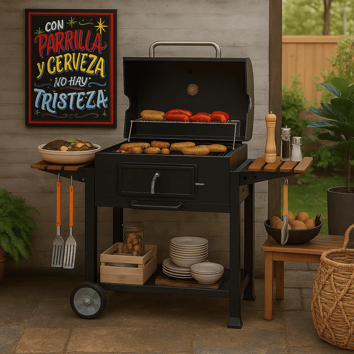 ELEMENT DESIGN - Parrilla a Carbón con Ruedas y 2 Bandejas laterales 135x47,5x106cm