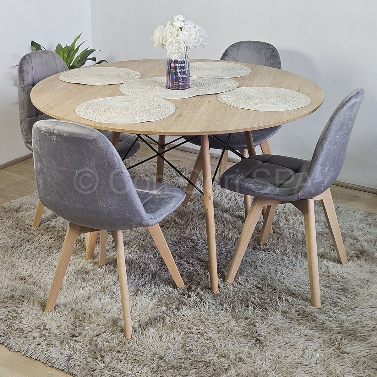 CORI CORI - Juego de Comedor Wood Redonda 100 cm + 4 Sillas Capitonne Velvet Gris