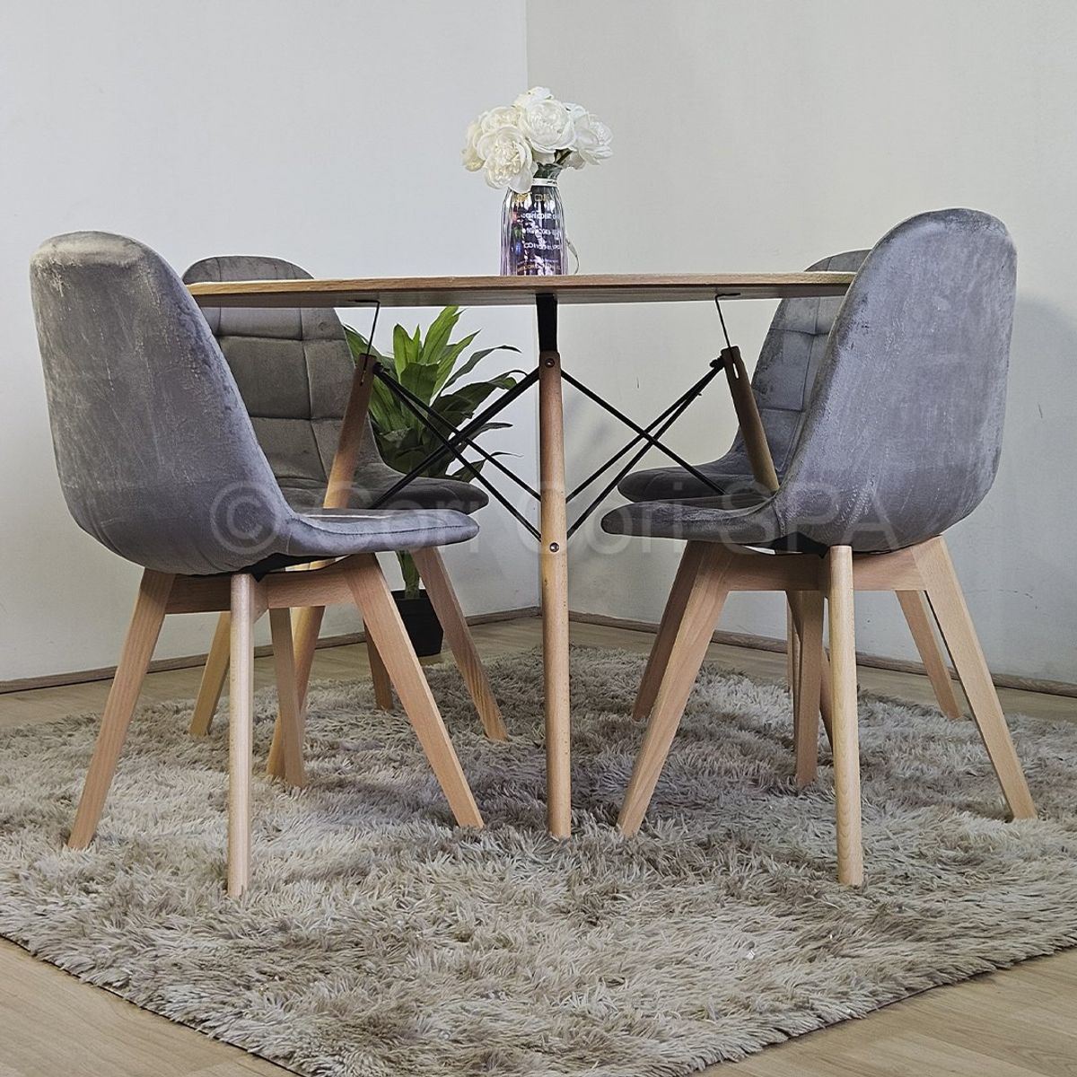 CORI CORI - Juego de Comedor Wood Redonda 100 cm + 4 Sillas Capitonne Velvet Gris