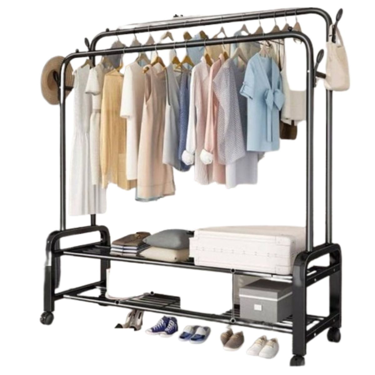 GENERICO - PERCHERO COLGADOR DE ROPA DOBLE BARRA  METALICO CON RUEDAS