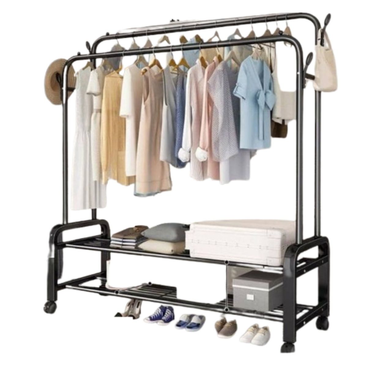 GENERICO - PERCHERO COLGADOR DE ROPA DOBLE BARRA  METALICO CON RUEDAS