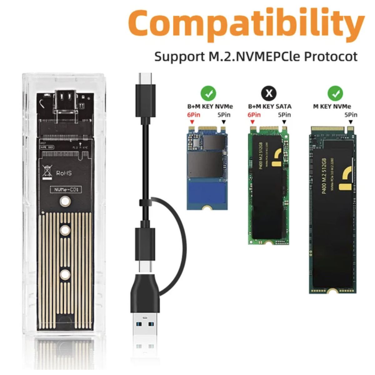 OEM - Cofre Case Carcasa Transparente SSD M2 NVME PCIe USB-C USB-A