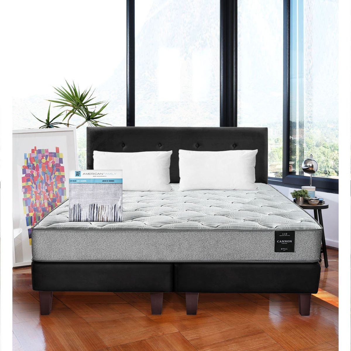 LATAM HOME - Combo Cama Cannon 2 Plazas+2 Almohadas+Sabanas+Respaldo Tela Negro