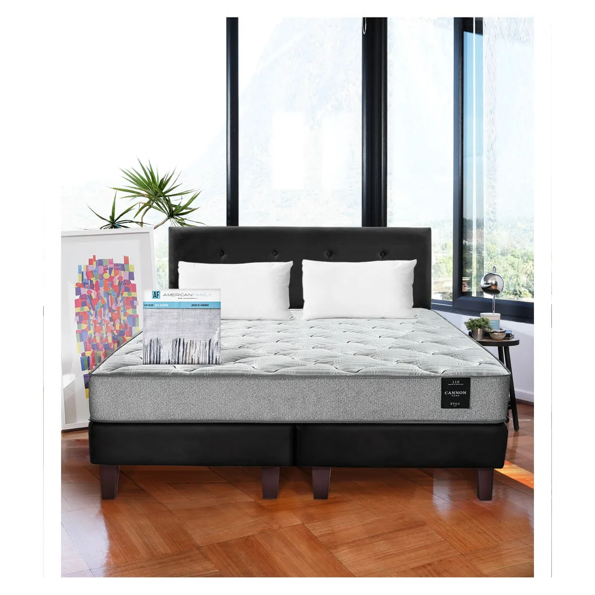 LATAM HOME - Combo Cama Cannon 2 Plazas+2 Almohadas+Sabanas+Respaldo Tela Negro