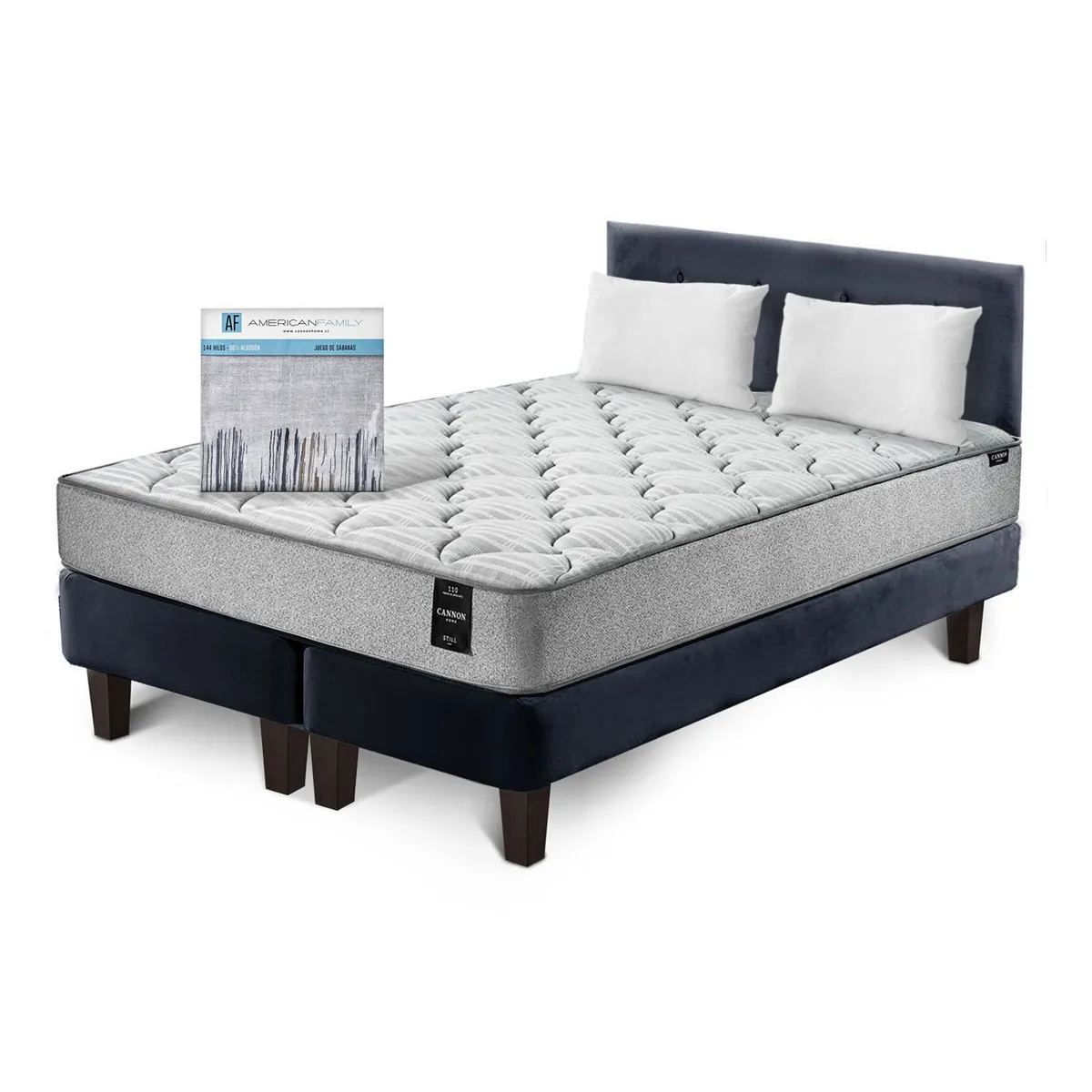 LATAM HOME - Combo Cama Cannon 2 Plazas+2 Almohadas+Sabanas+Respaldo Tela Negro