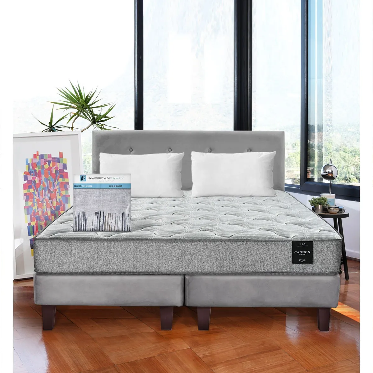 LATAM HOME - Combo Cama Cannon 2 Plazas+2 Almohadas+Sabanas+Respaldo Tela Gris