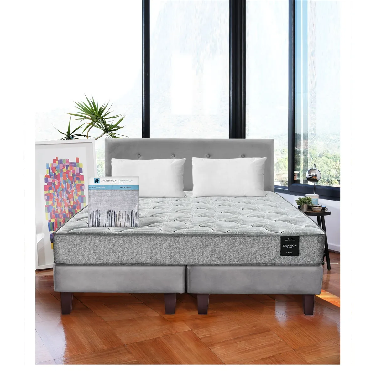 LATAM HOME - Combo Cama Cannon 2 Plazas+2 Almohadas+Sabanas+Respaldo Tela Gris