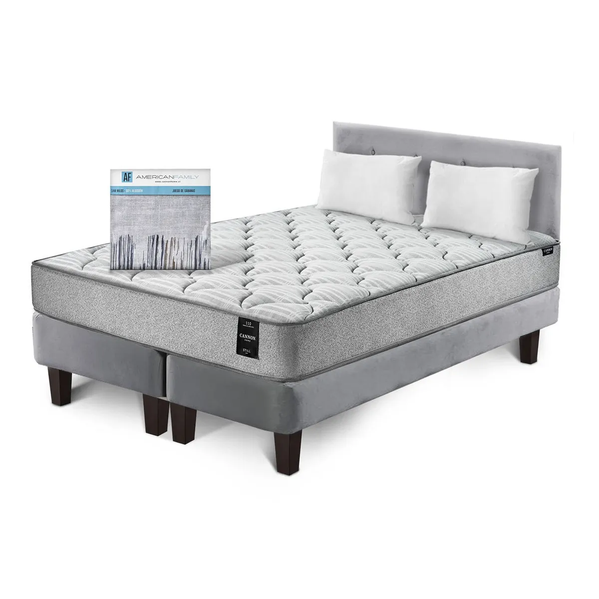 LATAM HOME - Combo Cama Cannon 2 Plazas+2 Almohadas+Sabanas+Respaldo Tela Gris