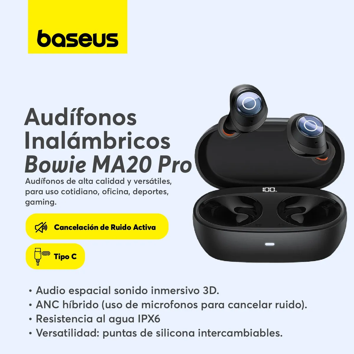 BASEUS - Audifono inalambrico Baseus Bowie MA20 Pro Con Cancelación de Ruido Negro