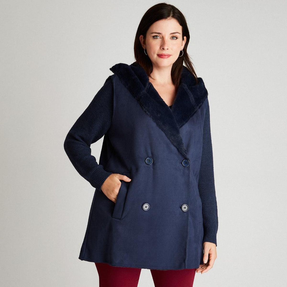 CURVI - Chaqueta Bonded Azul Sin Manga Con Gorro CURVI