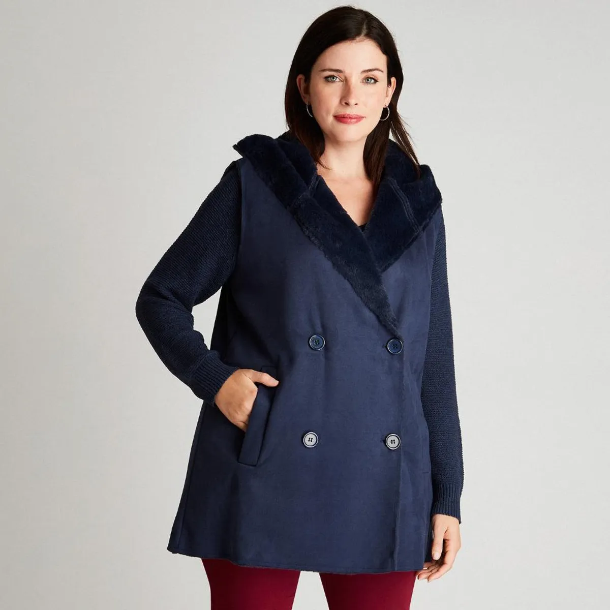 CURVI - Chaqueta Bonded Azul Sin Manga Con Gorro CURVI