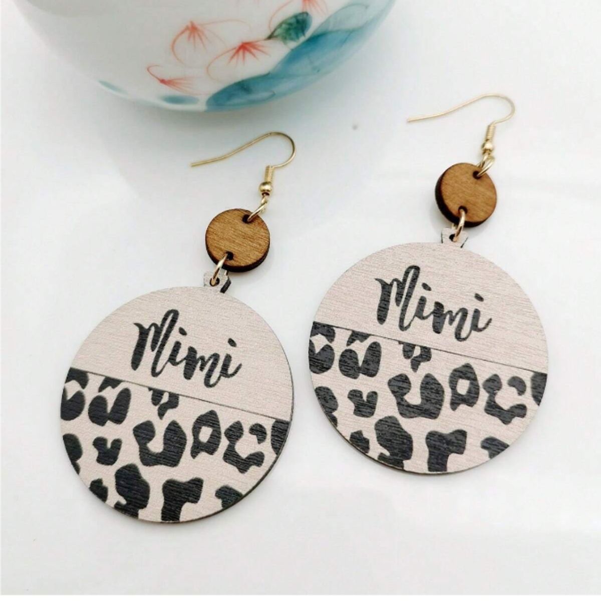 GENERICO - Pendientes con estampado de leopardo de madera