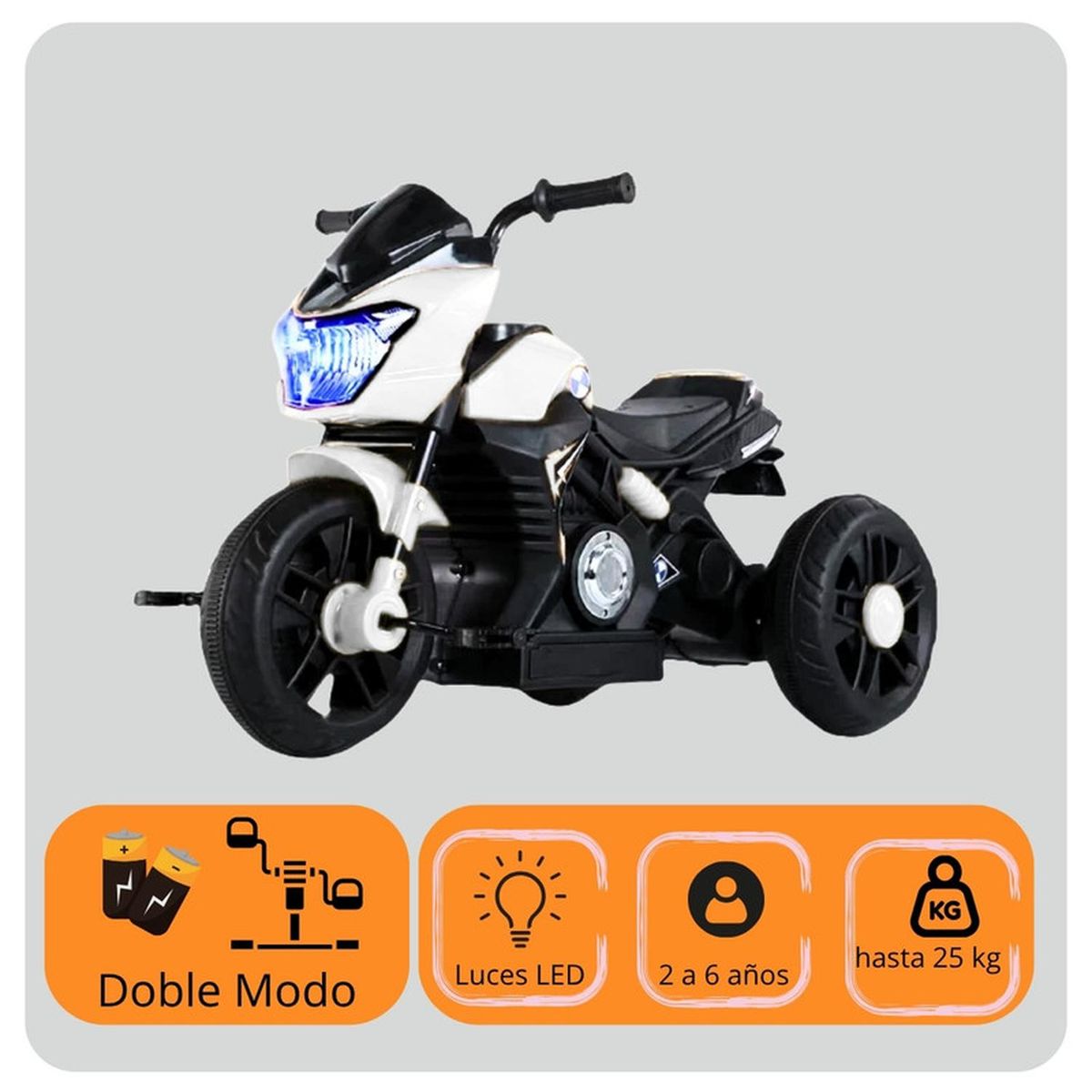 AUCKLAND OUTDOOR - Moto Niño Antivuelco A Bateria Recargable Luz Y Sonido Blanca