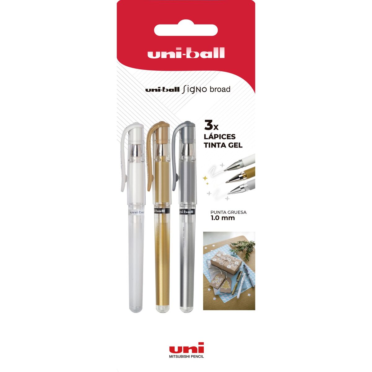 UNI BALL - Lápices Gel Uniball Signo broad BC x3 blanco/dorado/plateado