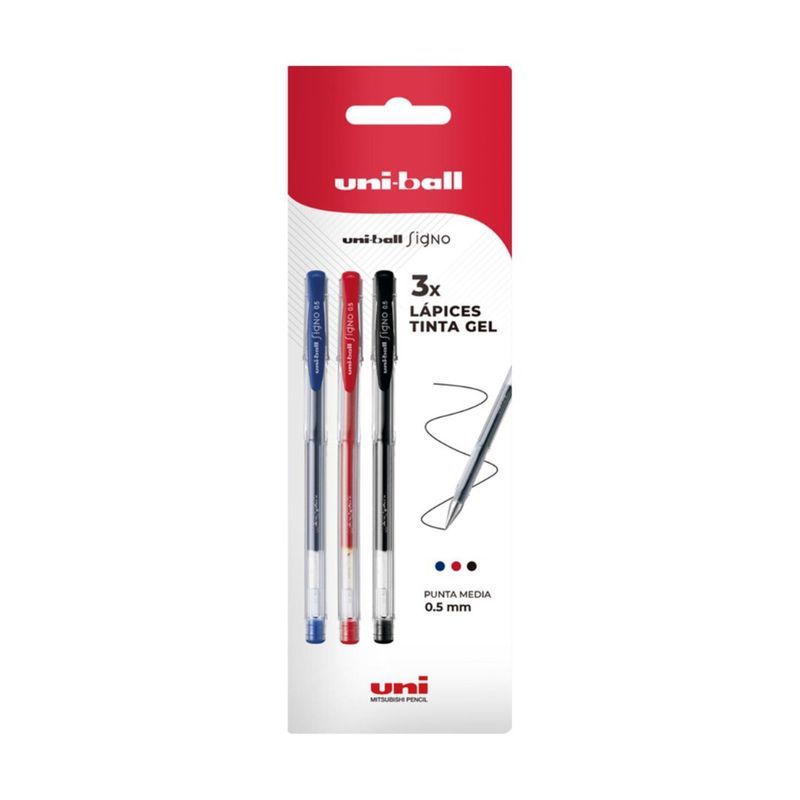 UNI BALL - Lápices Gel Uniball Signo-100 0.5mm x3 azul7rojo/negro