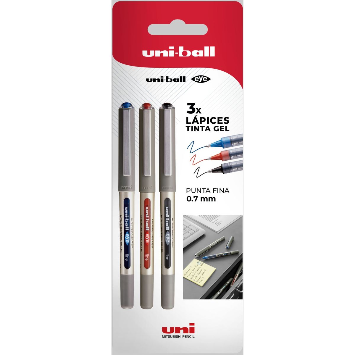 UNI BALL - Lápices Gel Uniball Eye BC x3 Colores azul/rojo/negro