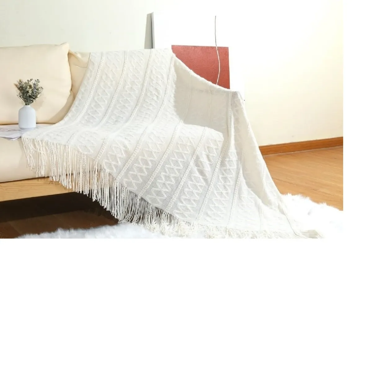 ANGELES DEL HOGAR - Manta o piecera para sofa y camas tejida con flecos 127xm x 172cm