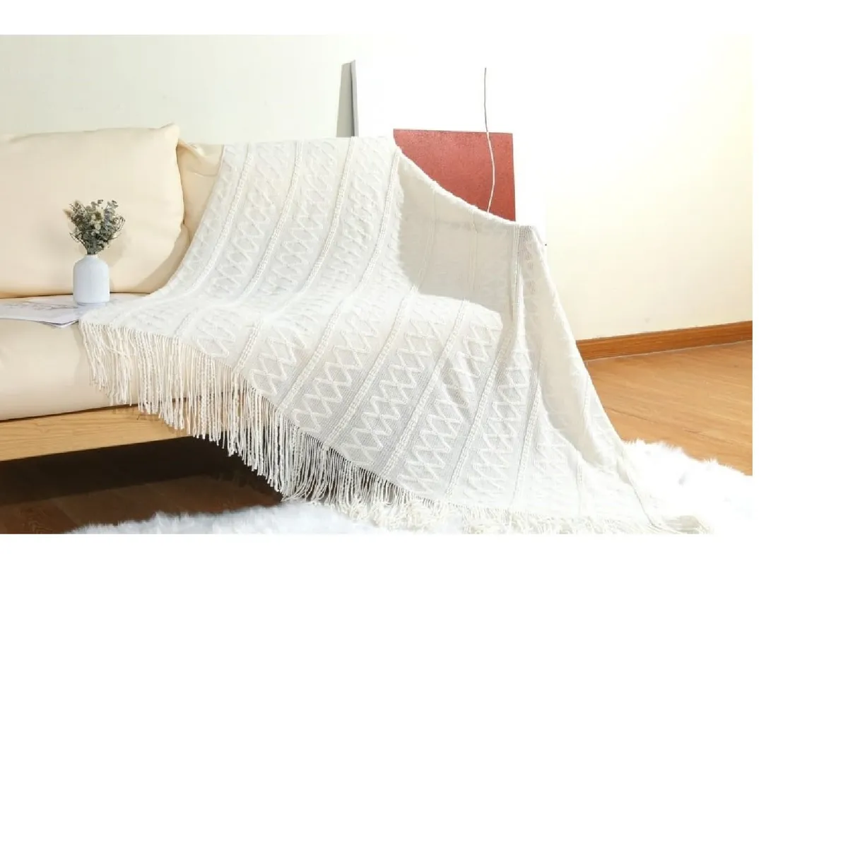 ANGELES DEL HOGAR - Manta o piecera para sofa y camas tejida con flecos 127xm x 172cm