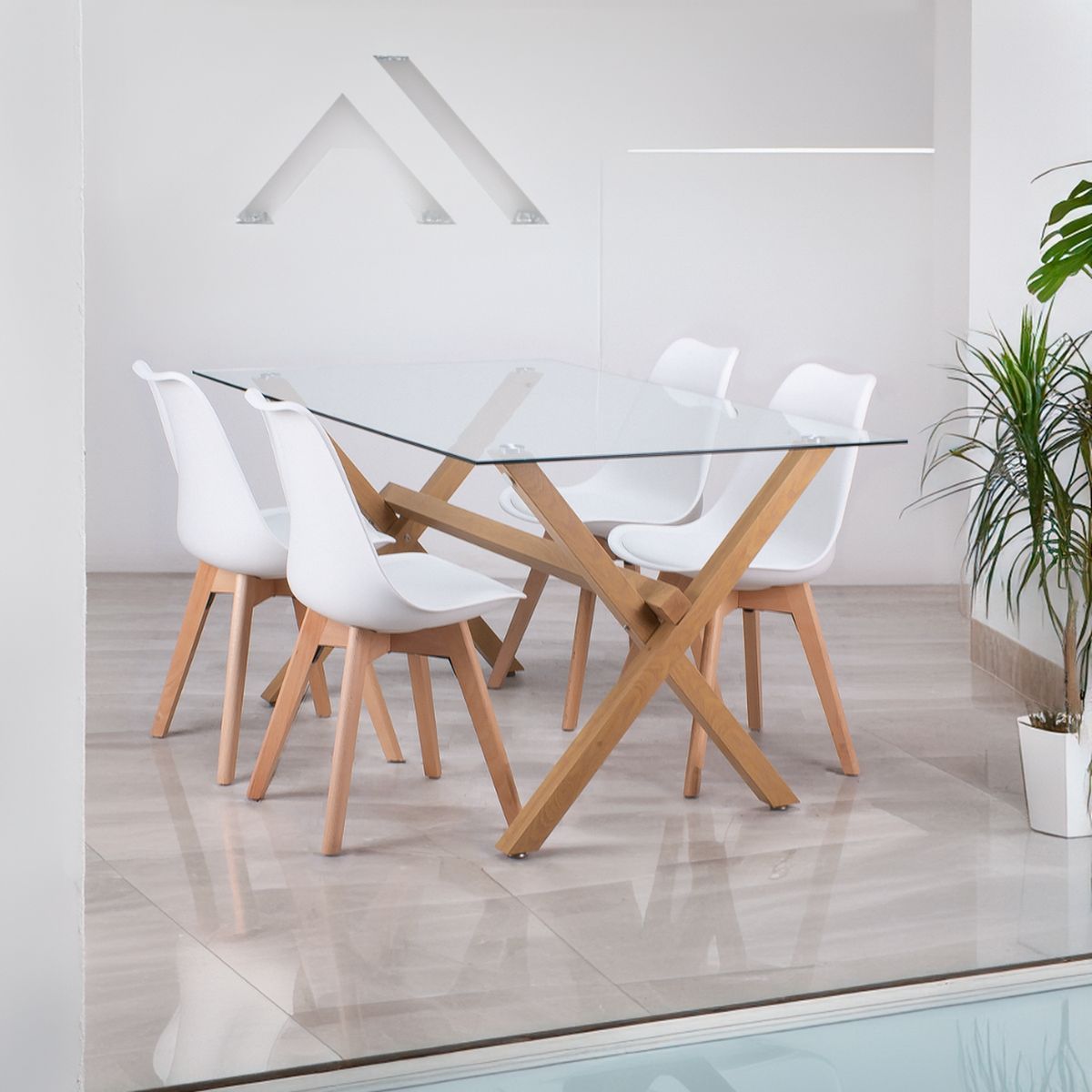 PANDALINO - Comedor Moderno Mesa Xinia 140X90 + 4 Sillas Tulip Blanca - Elegante