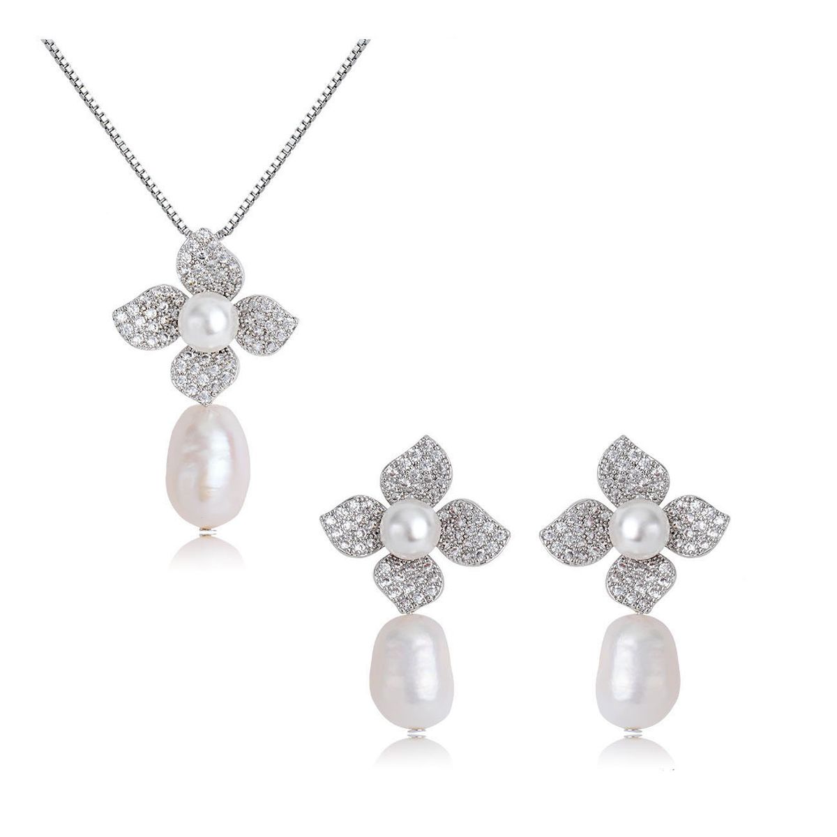 VANE COLLECTION - Collar para mujer conjunto y aros fino con flor de perla circón pavé baño de rodio