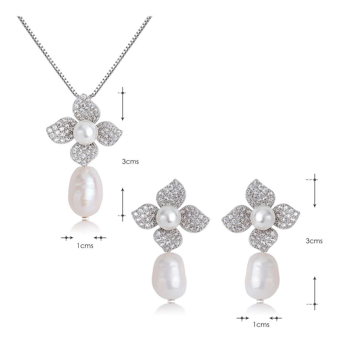 VANE COLLECTION - Collar para mujer conjunto y aros fino con flor de perla circón pavé baño de rodio