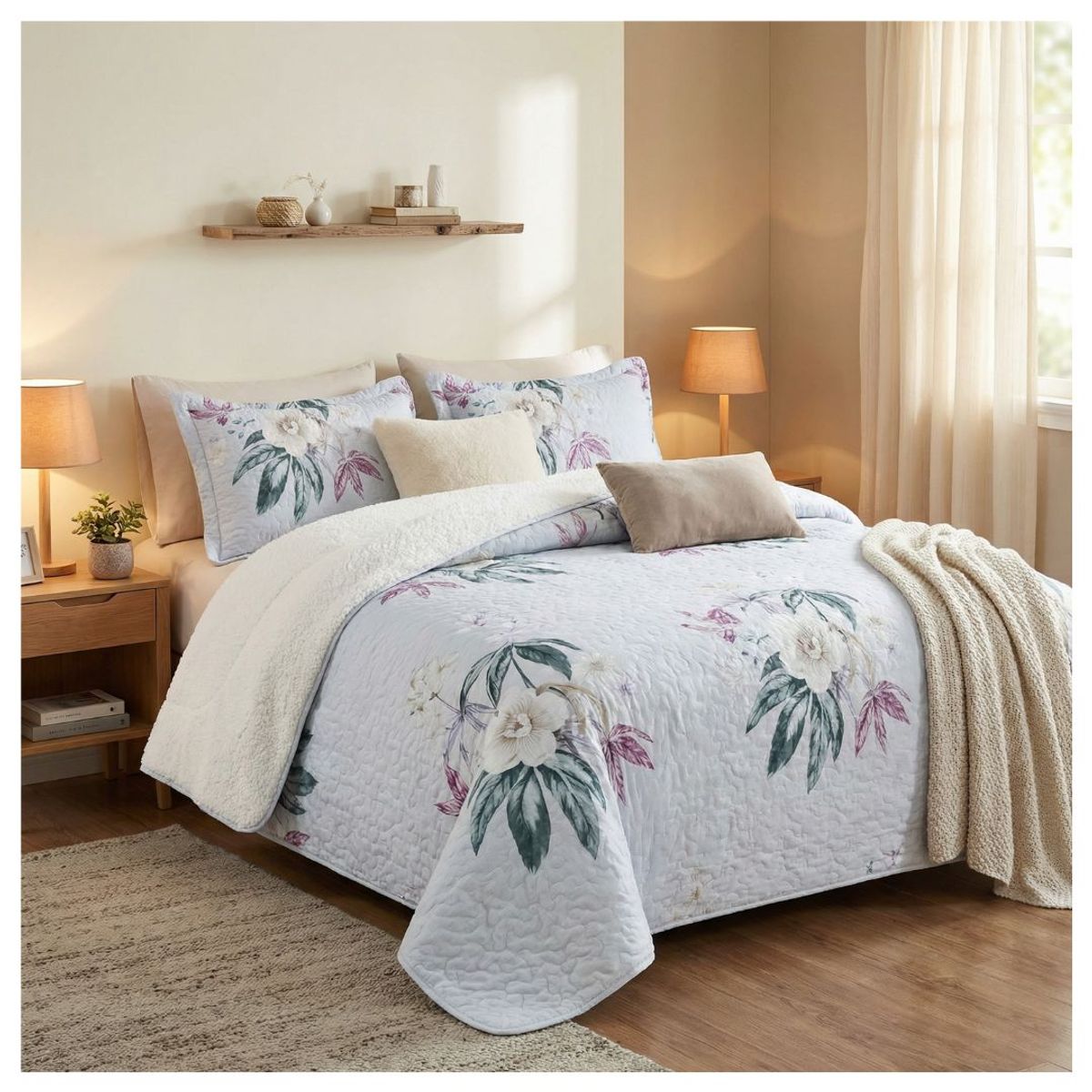 GENERICO - Cubrecama Sherpa 2 Plazas - Crema Rosas Blancas M907