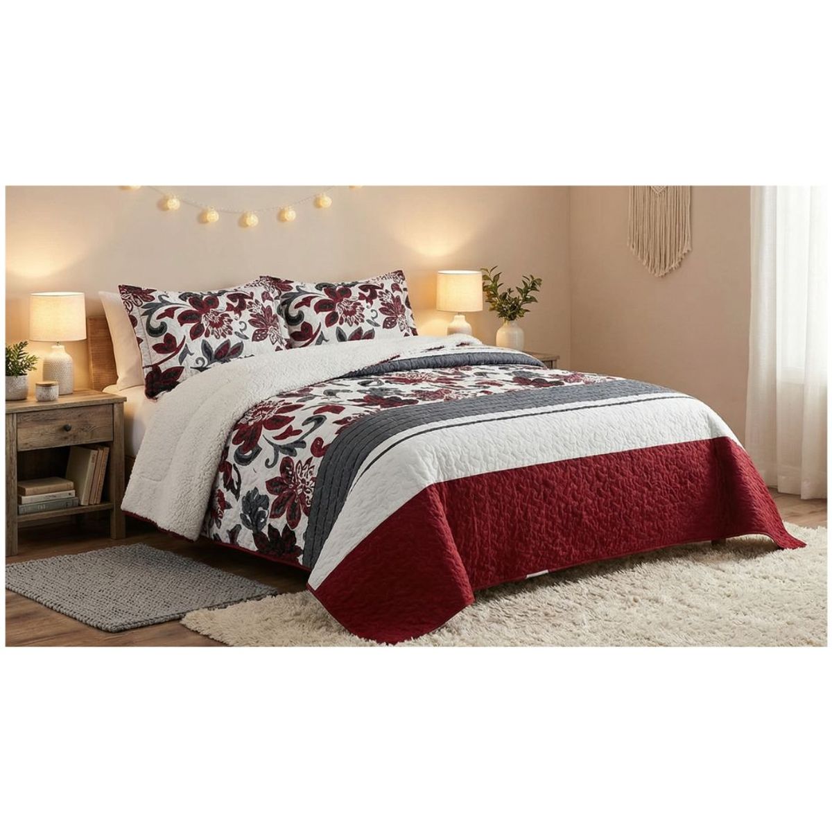 GENERICO - Cubrecama Sherpa 2 Plazas - Burdeo Hojas M908